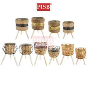1079-1084 Rattan Basket With Wooden Stand Bakul Rotan Berkaki Pasu Pokok Hiasan Viral Rattan Flower Pot Home Decor