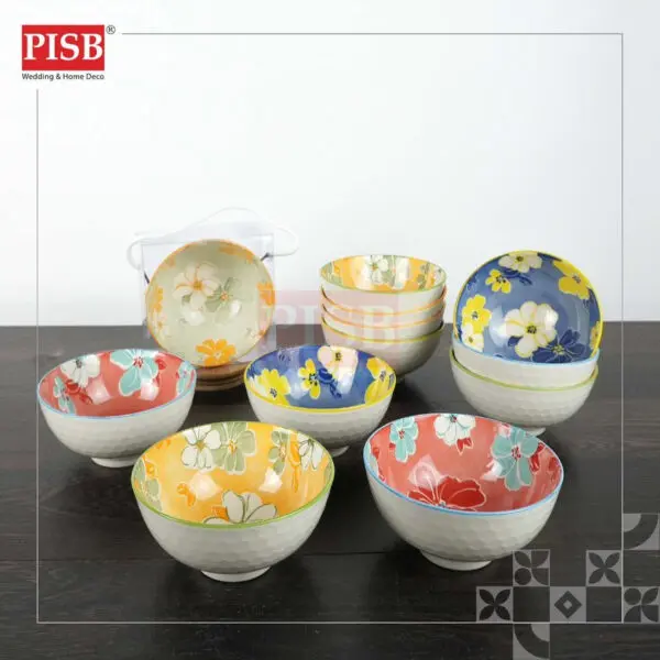 2140/41 12PCS Flower Motif Design Bohemia Turkish Ceramic Bowl With PVC Handle Box/Set Wedding Doorgift Mangkuk Seramik