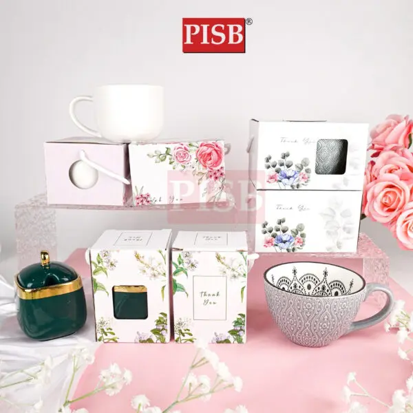 2303-05 Ceramic Mug With Flower Printed Handle Box/Set Doorgift Mug Dengan Kotak (6Pcs/Pkt)