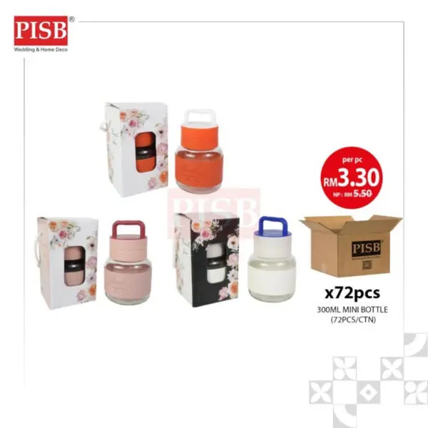 2147 (72Pcs/Ctn) 300ML Mini Bottle Souvenir With Floral Printed Handle Box Doorgift Mini Botol Cawan Air Bekas Kaca Mini