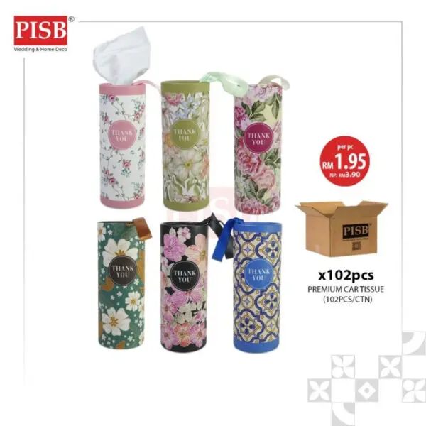 48a9311da94bf92a4107f13864bcf082-1.jpeg 2155(102Pcs/Ctn)Souvenir Premium Floral Car Tissue Facial Tisue Cylinder Tissue Box Tisu Kereta Tisu Kotak Doorgift Tisu