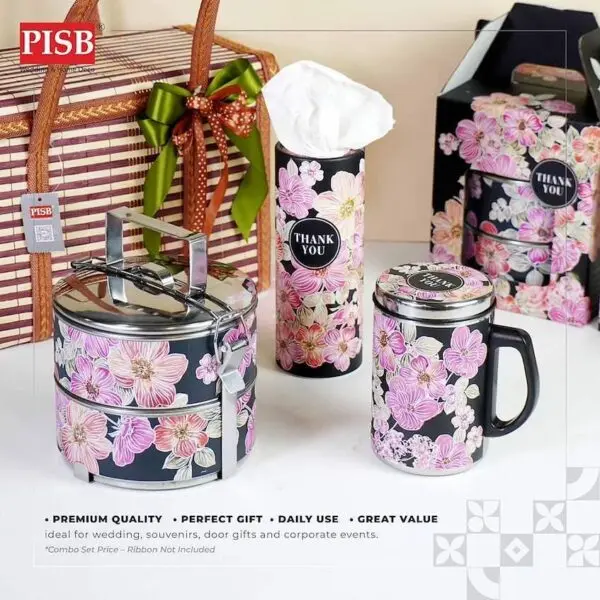 1826 Combo Deal 4Pcs Premium Gift Set Stainless Steel 2-Tier Tiffin Mug Car Tissue Bamboo Bag Mangkuk Tingkat Tisu Cawan