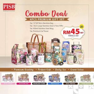 1826 Combo Deal 4Pcs Premium Gift Set Stainless Steel 2-Tier Tiffin Mug Car Tissue Bamboo Bag Mangkuk Tingkat Tisu Cawan
