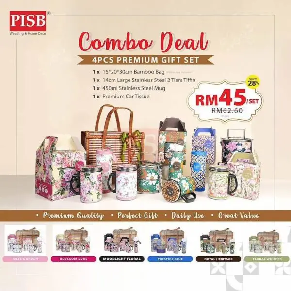 1826 Combo Deal 4Pcs Premium Gift Set Stainless Steel 2-Tier Tiffin Mug Car Tissue Bamboo Bag Mangkuk Tingkat Tisu Cawan