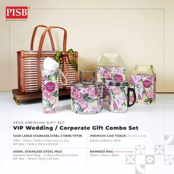 1826 Combo Deal 4Pcs Premium Gift Set Stainless Steel 2-Tier Tiffin Mug Car Tissue Bamboo Bag Mangkuk Tingkat Tisu Cawan